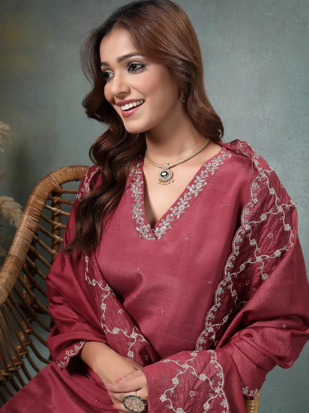 Maroon Zari Work A-Line Roman Silk Kurta Trouser Dupatta Set