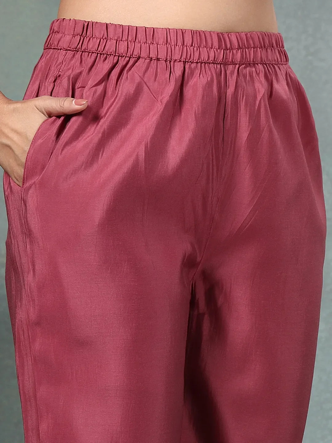 Maroon Zari Work A-Line Roman Silk Kurta Trouser Dupatta Set