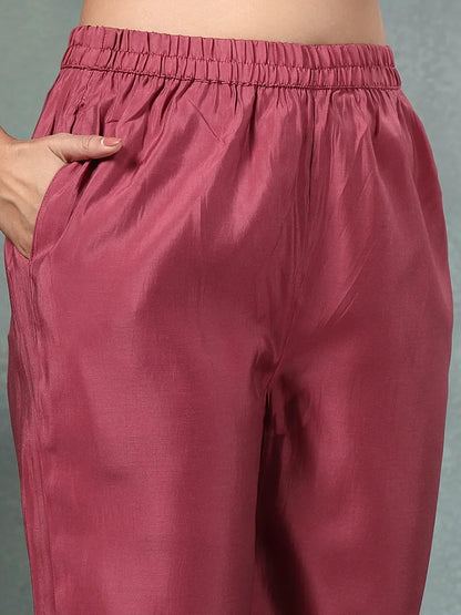 Maroon Zari Work A-Line Roman Silk Kurta Trouser Dupatta Set