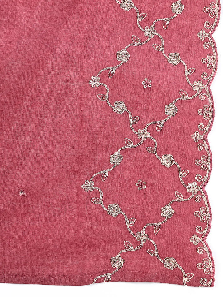 Maroon Zari Work A-Line Roman Silk Kurta Trouser Dupatta Set