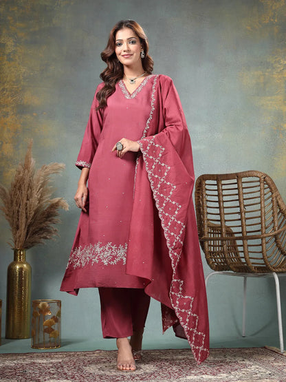 Maroon Zari Work A-Line Roman Silk Kurta Trouser Dupatta Set