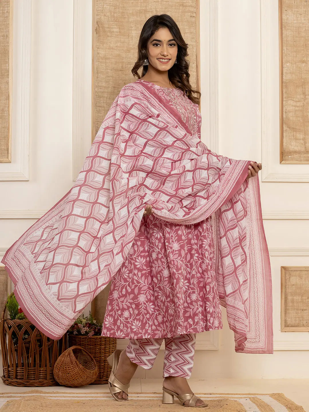 Mauve Floral Print Anarkali Style Kurta And Trousers With Dupatta Set