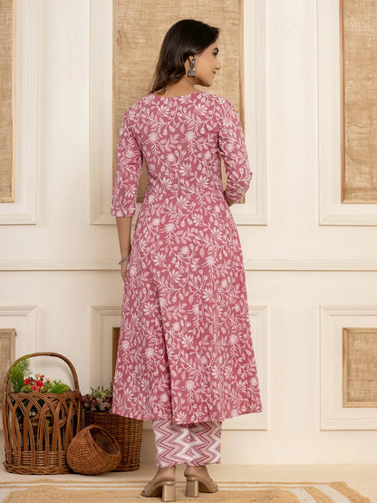 Mauve Floral Print Anarkali Style Kurta And Trousers With Dupatta Set
