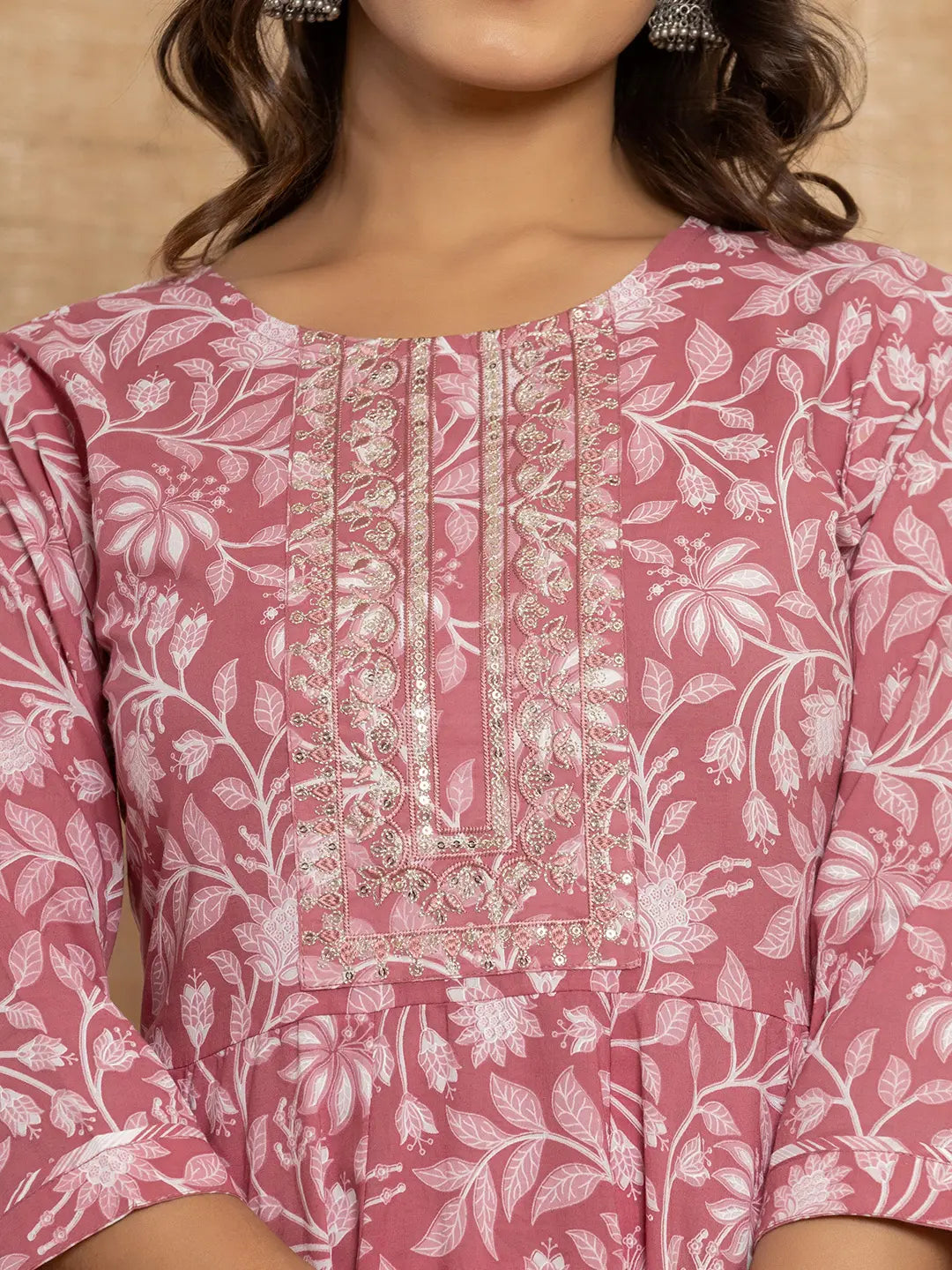 Mauve Floral Print Anarkali Style Kurta And Trousers With Dupatta Set