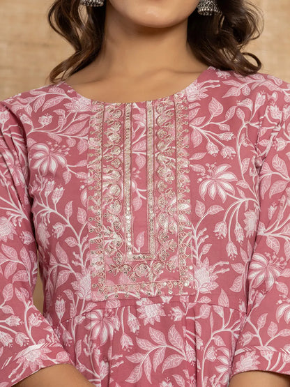 Mauve Floral Print Anarkali Style Kurta And Trousers With Dupatta Set
