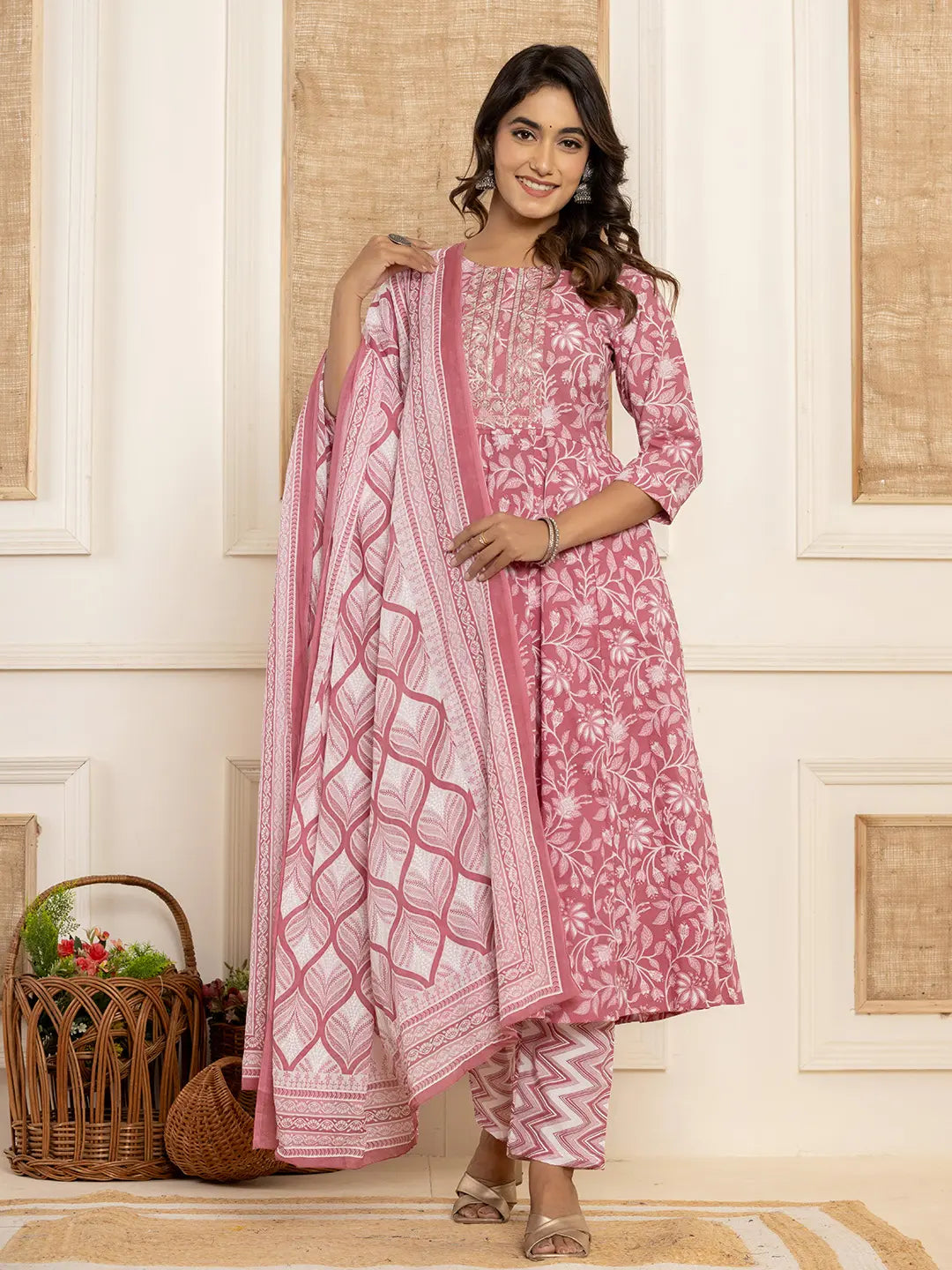 Mauve Floral Print Anarkali Style Kurta And Trousers With Dupatta Set