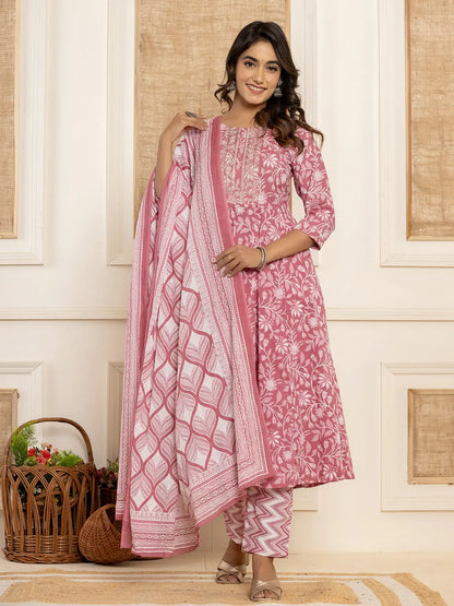 Mauve Floral Print Anarkali Style Kurta And Trousers With Dupatta Set