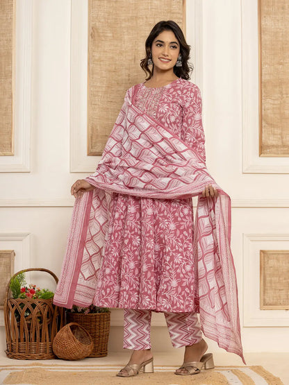 Mauve Floral Print Anarkali Style Kurta And Trousers With Dupatta Set