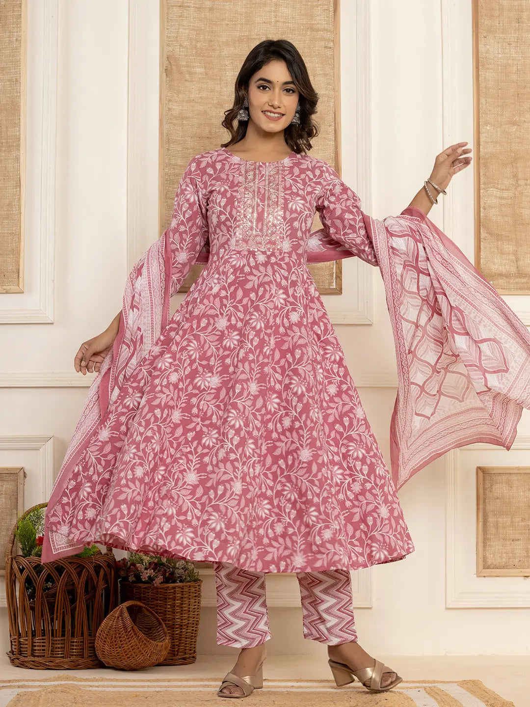 Mauve Floral Print Anarkali Style Kurta And Trousers With Dupatta Set