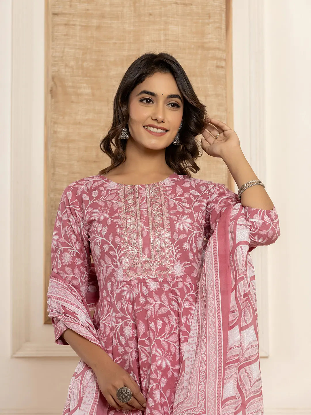 Mauve Floral Print Anarkali Style Kurta And Trousers With Dupatta Set