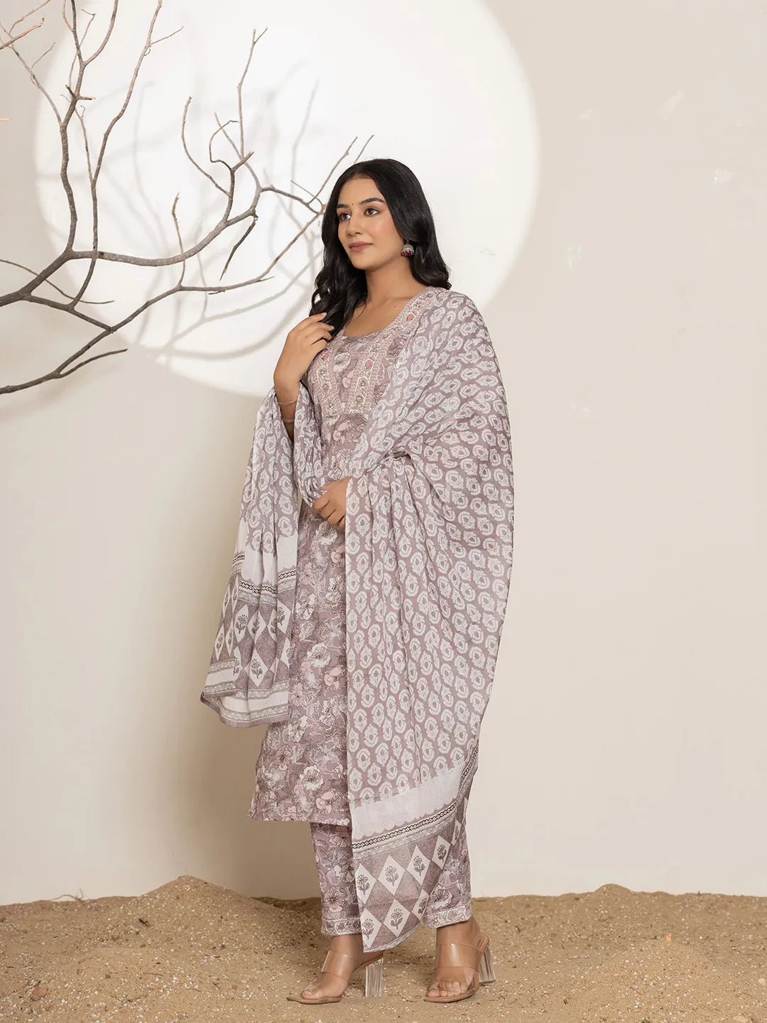 Mauve Floral Print Cotton Straight Kurta Dupatta Set