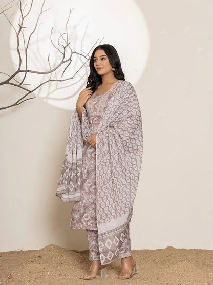 Mauve Floral Print Cotton Straight Kurta Dupatta Set