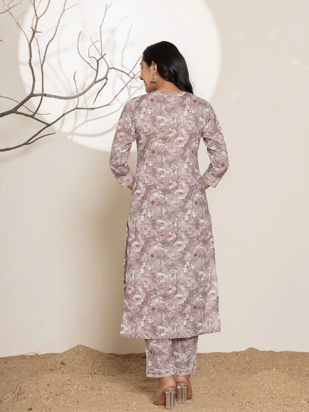 Mauve Floral Print Cotton Straight Kurta Dupatta Set