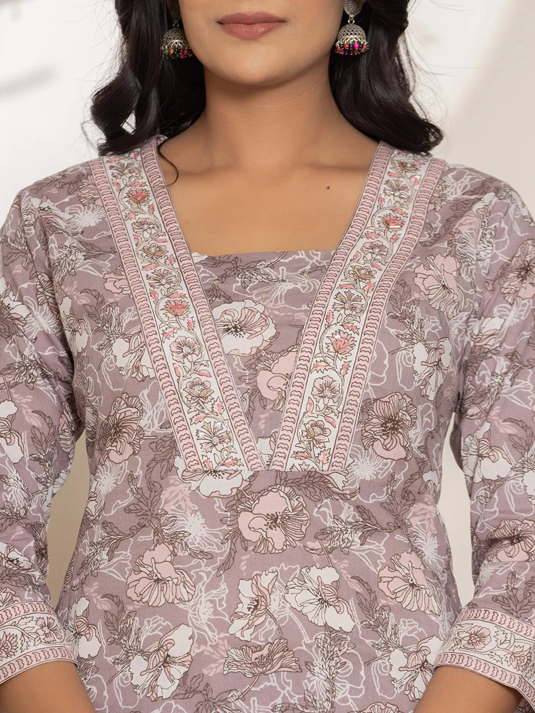 Mauve Floral Print Cotton Straight Kurta Dupatta Set