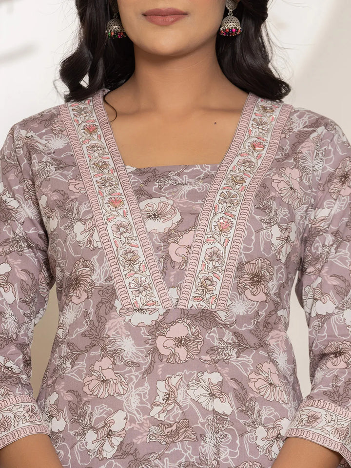 Mauve Floral Print Cotton Straight Kurta Dupatta Set