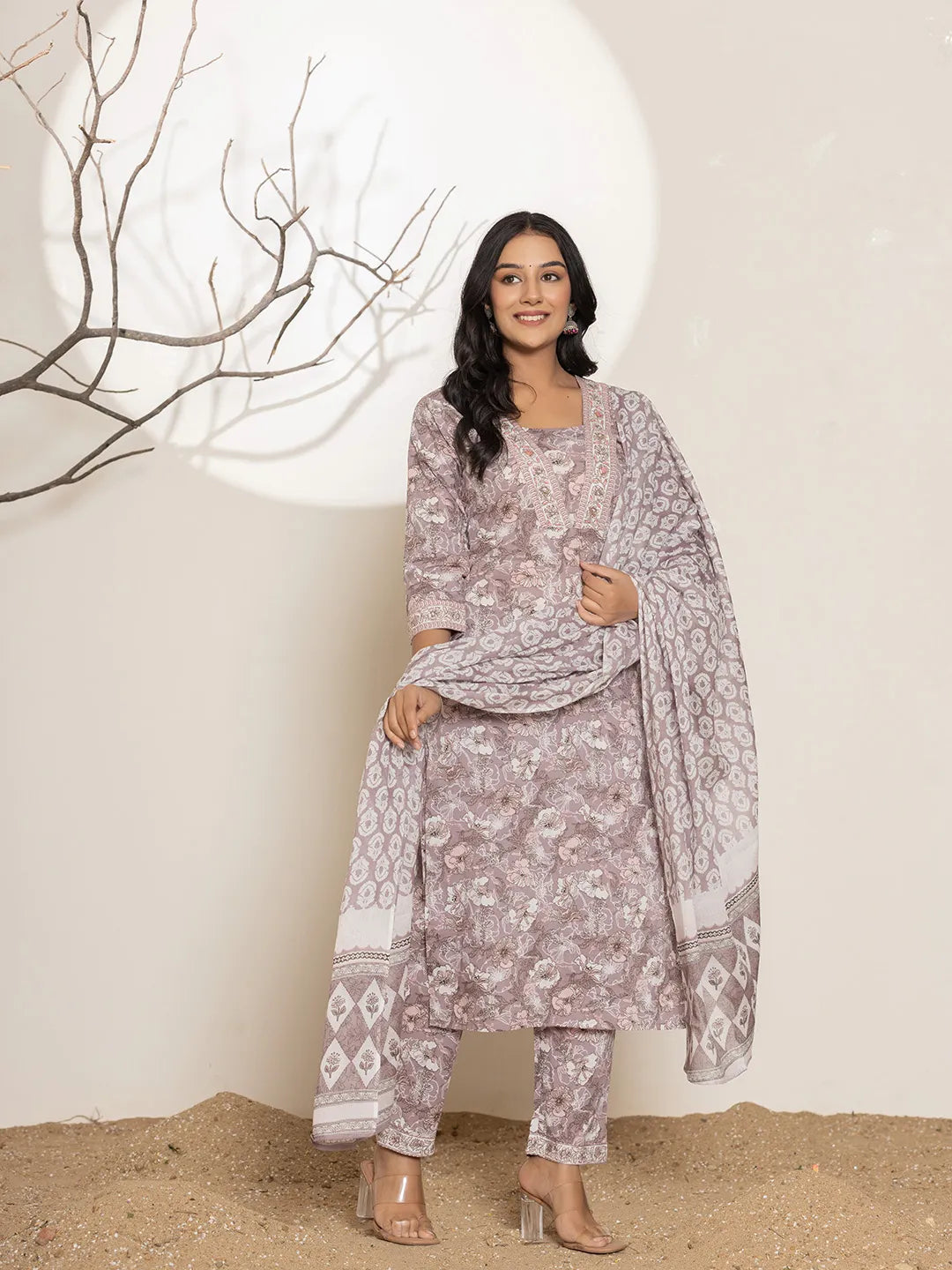Mauve Floral Print Cotton Straight Kurta Dupatta Set