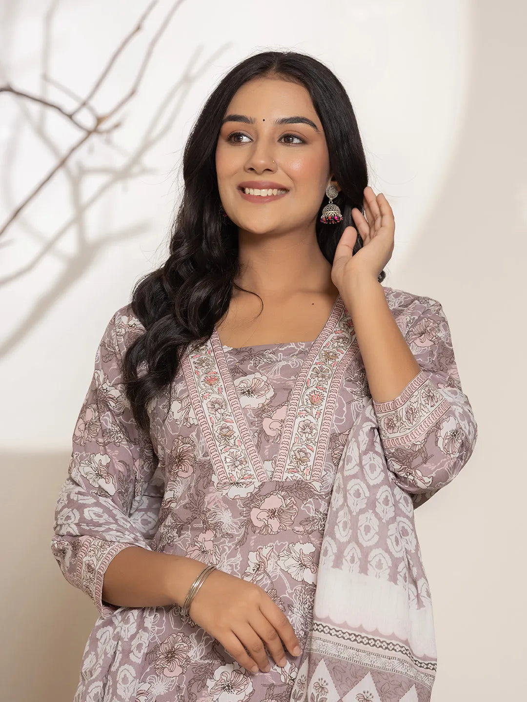 Mauve Floral Print Cotton Straight Kurta Dupatta Set