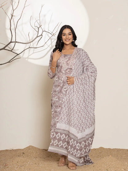 Mauve Floral Print Cotton Straight Kurta Dupatta Set