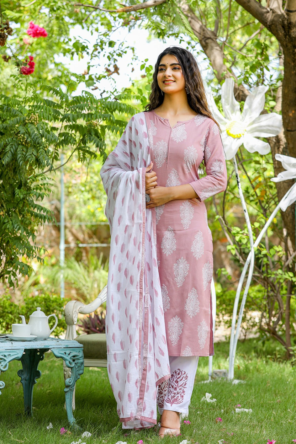 Mauve &amp; Off White Printed Dupatta Set