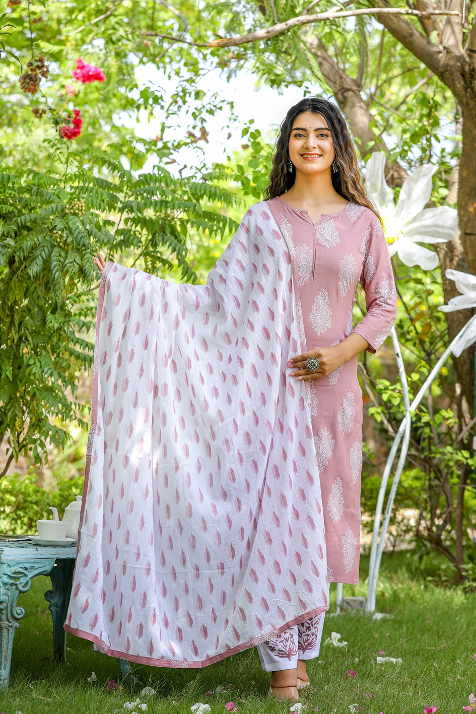 Mauve & Off White Printed Dupatta Set