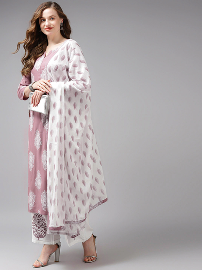 Mauve & Off-White Printed Dupatta Set