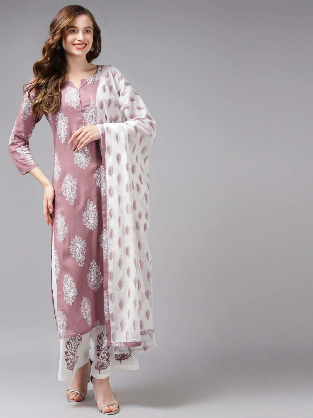 Mauve &amp; Off-White Printed Dupatta Set