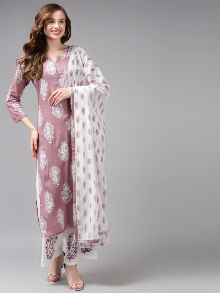 Mauve &amp; Off-White Printed Dupatta Set