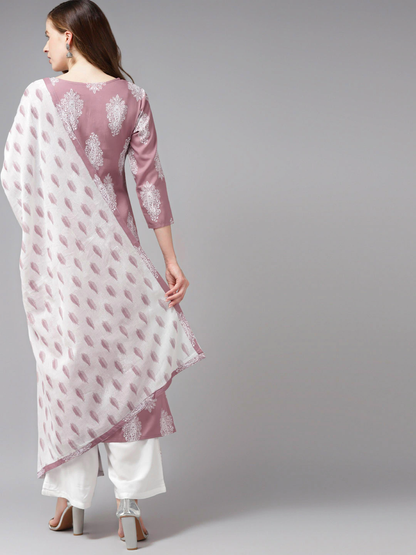 Mauve & Off-White Printed Dupatta Set