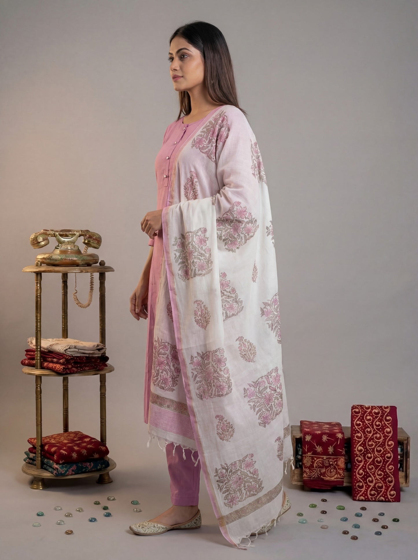 Silk Blend Straight Kurta Pant With Handblock Print Kota Doriya Dupatta Set