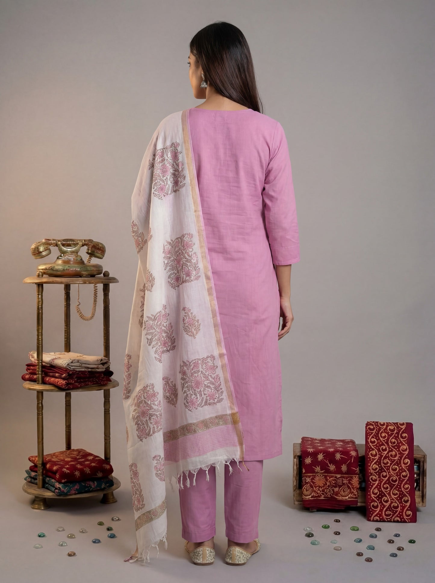 Silk Blend Straight Kurta Pant With Handblock Print Kota Doriya Dupatta Set