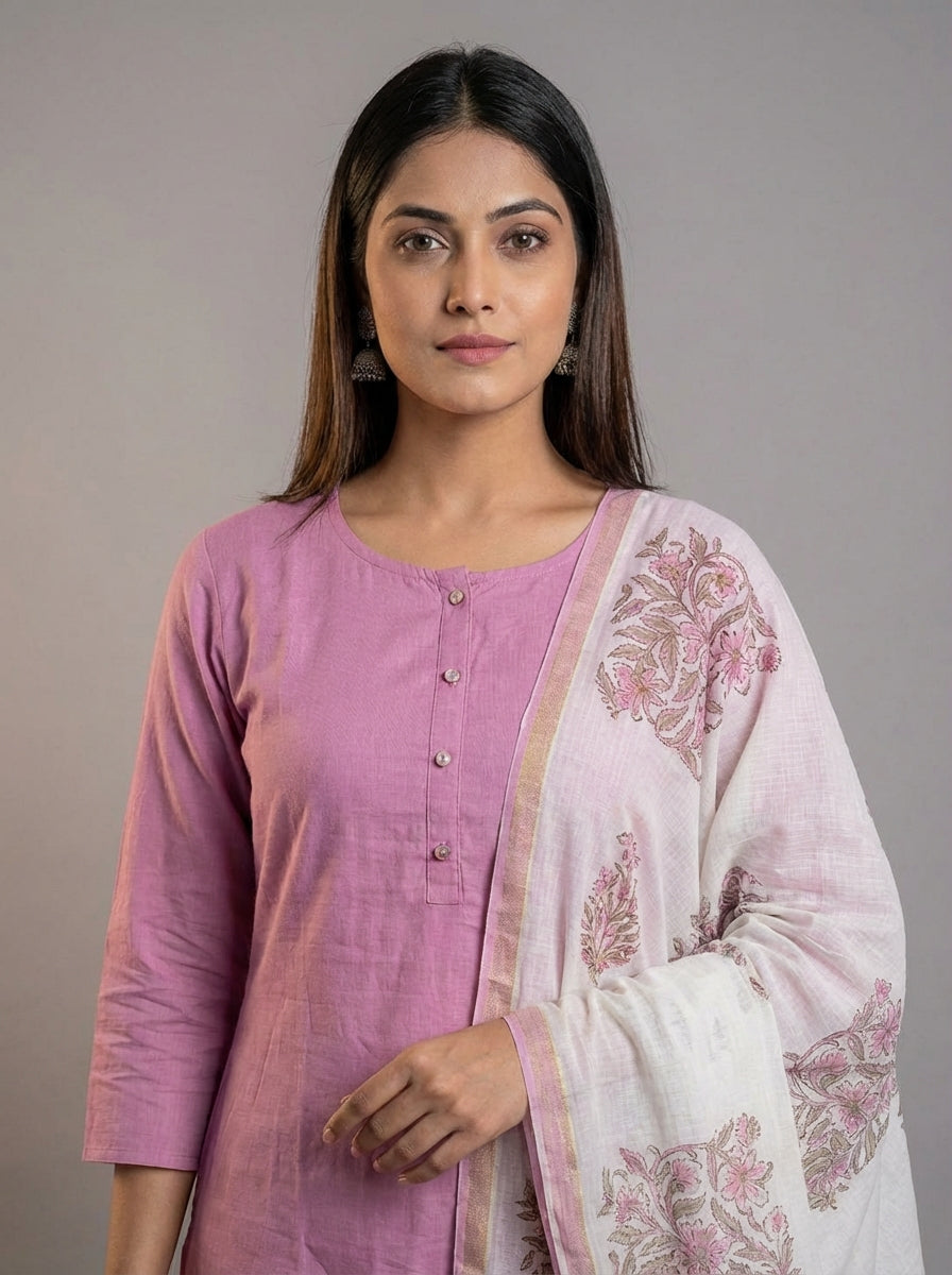 Silk Blend Straight Kurta Pant With Handblock Print Kota Doriya Dupatta Set