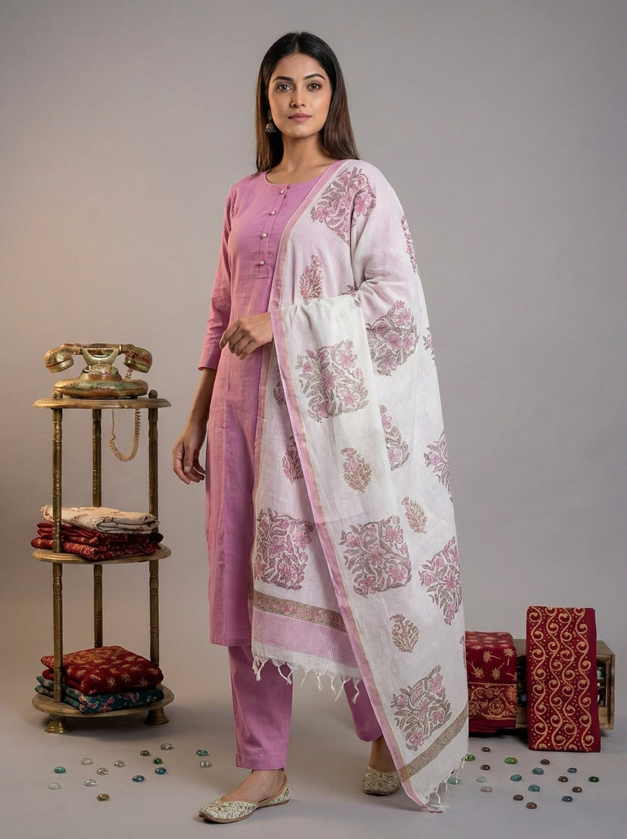 Silk Blend Straight Kurta Pant With Handblock Print Kota Doriya Dupatta Set