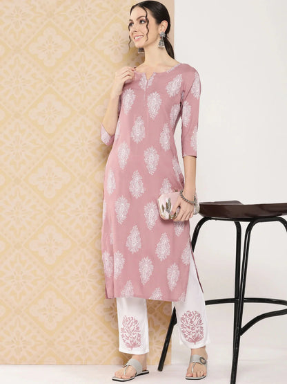 Mauve Women Ethnic Motifs Printed Regular Kurta With Trousers