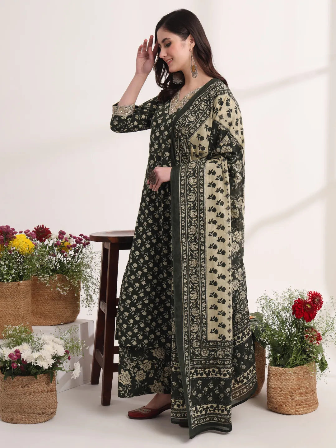 Military Green A-Line Cotton Lace Work Kurta Dupatta Set