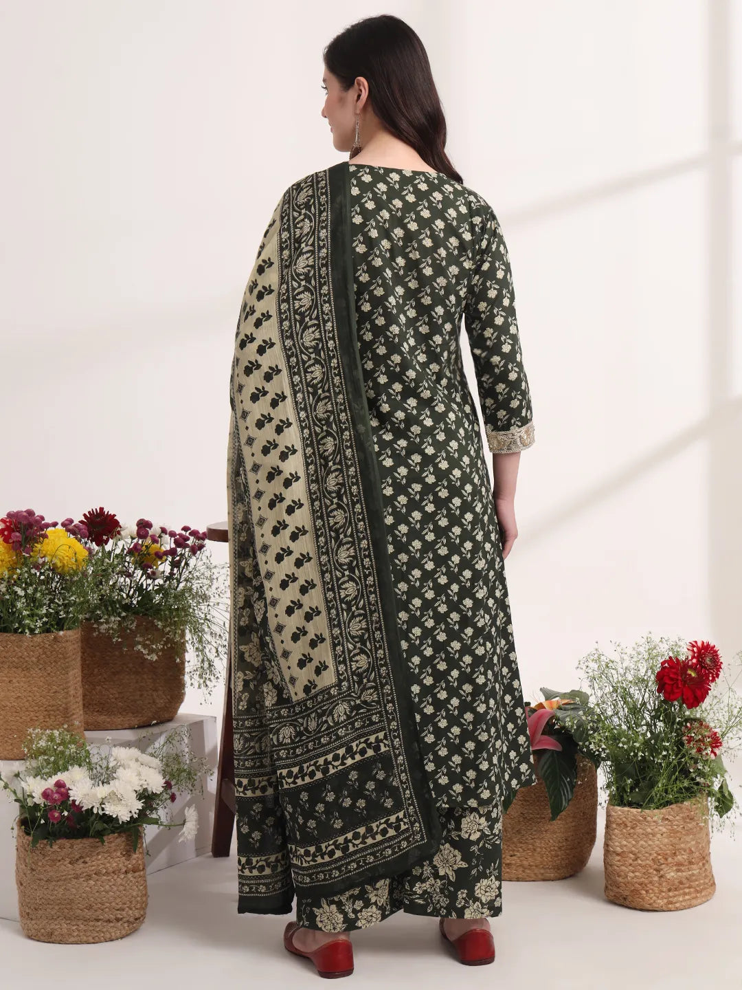 Military Green A-Line Cotton Lace Work Kurta Dupatta Set