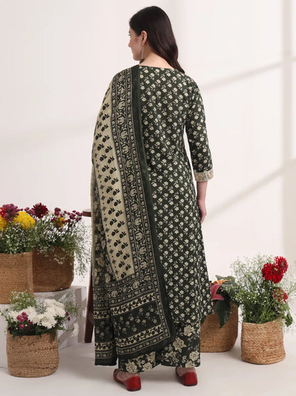 Military Green A-Line Cotton Lace Work Kurta Dupatta Set