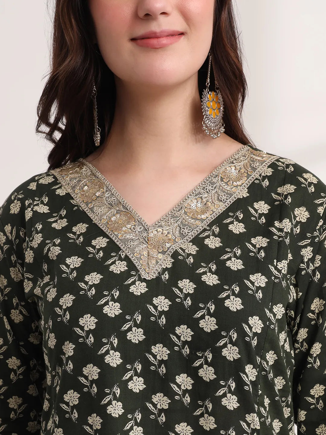 Military Green A-Line Cotton Lace Work Kurta Dupatta Set