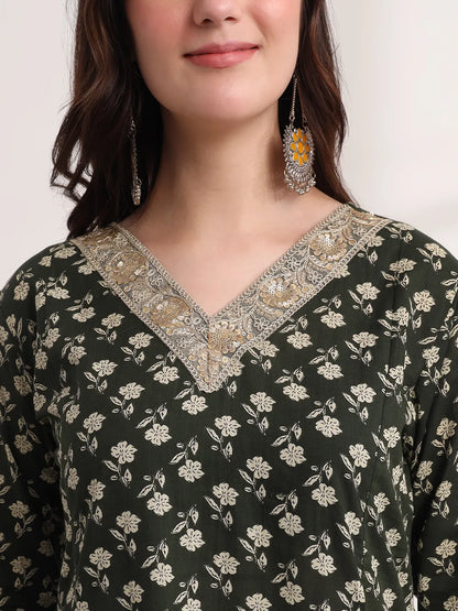 Military Green A-Line Cotton Lace Work Kurta Dupatta Set