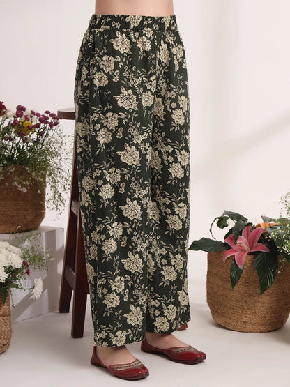 Military Green A-Line Cotton Lace Work Kurta Dupatta Set