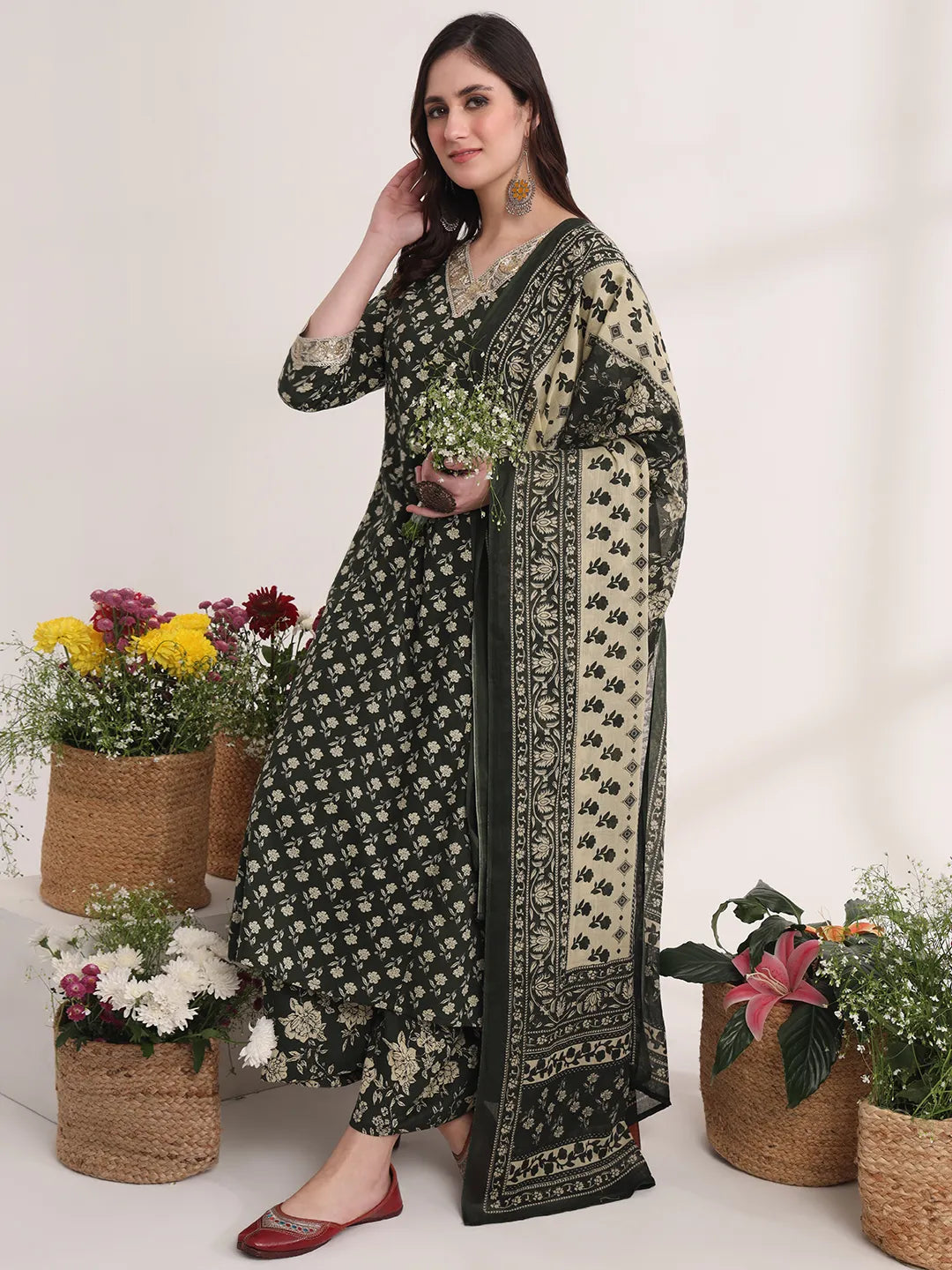 Military Green A-Line Cotton Lace Work Kurta Dupatta Set