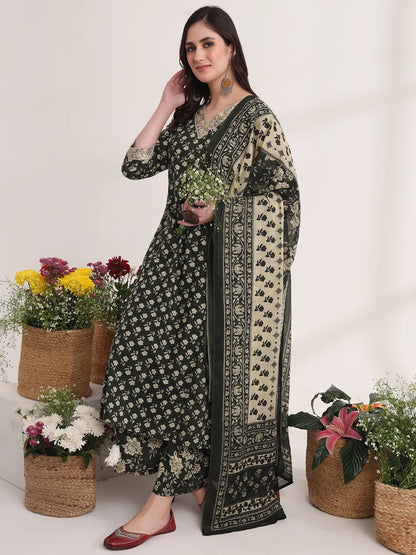 Military Green A-Line Cotton Lace Work Kurta Dupatta Set