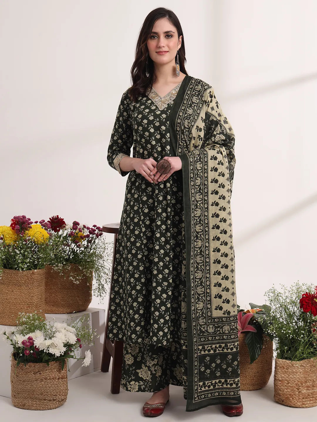 Military Green A-Line Cotton Lace Work Kurta Dupatta Set