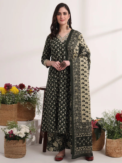 Military Green A-Line Cotton Lace Work Kurta Dupatta Set