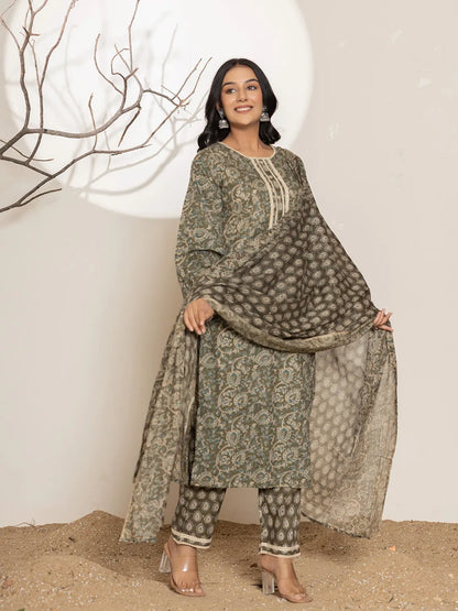 Military Green Cotton Pakistani Kurta Dupatta Set With Pant