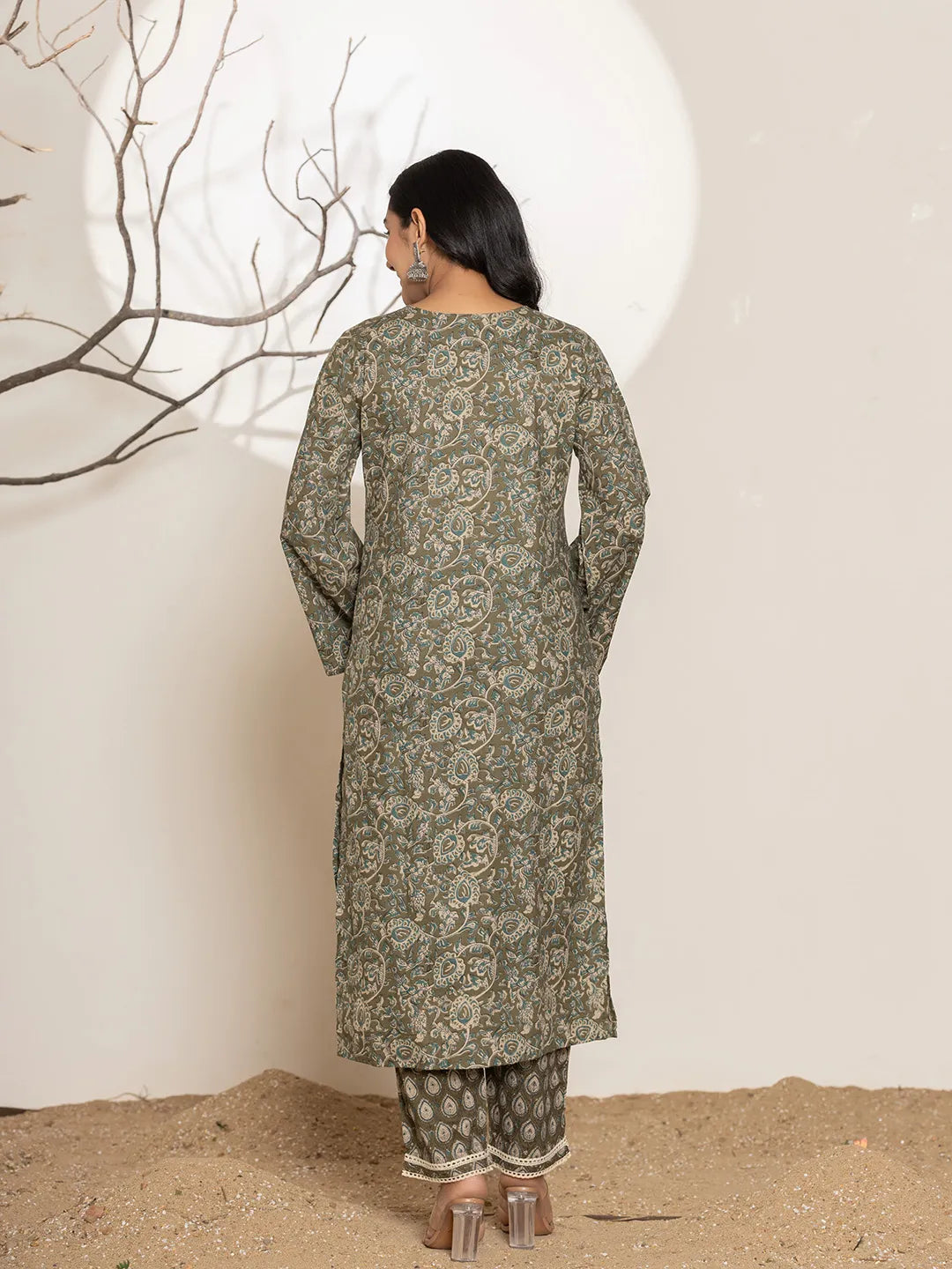 Military Green Cotton Pakistani Kurta Dupatta Set With Pant