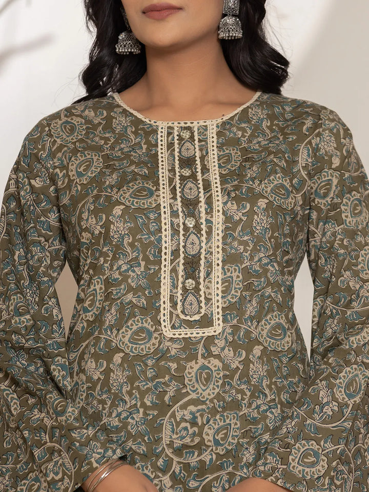 Military Green Cotton Pakistani Kurta Dupatta Set With Pant