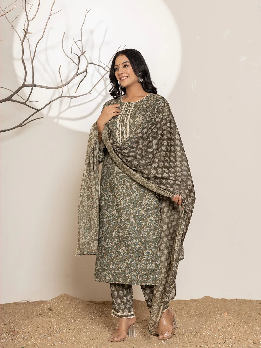 Military Green Cotton Pakistani Kurta Dupatta Set With Pant