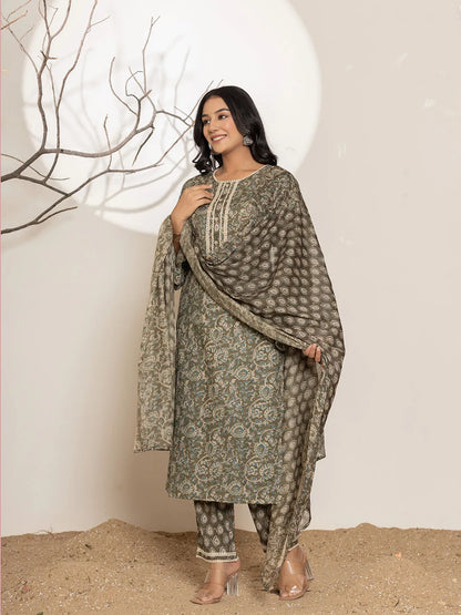 Military Green Cotton Pakistani Kurta Dupatta Set With Pant