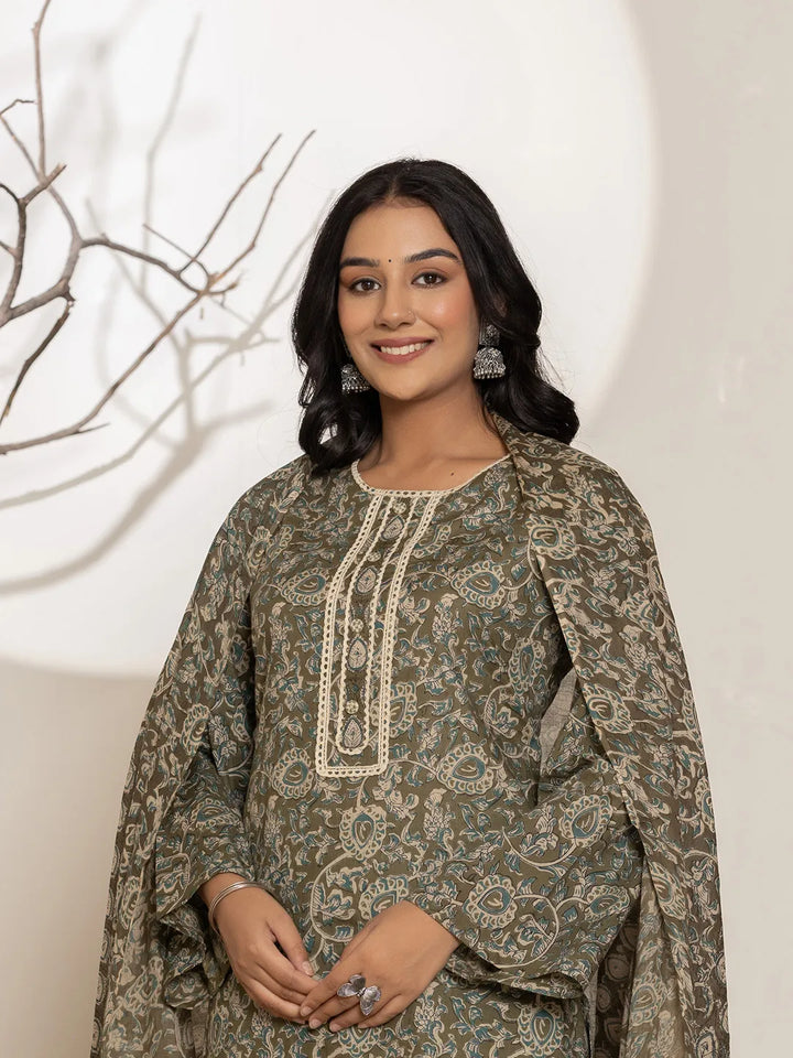 Military Green Cotton Pakistani Kurta Dupatta Set With Pant