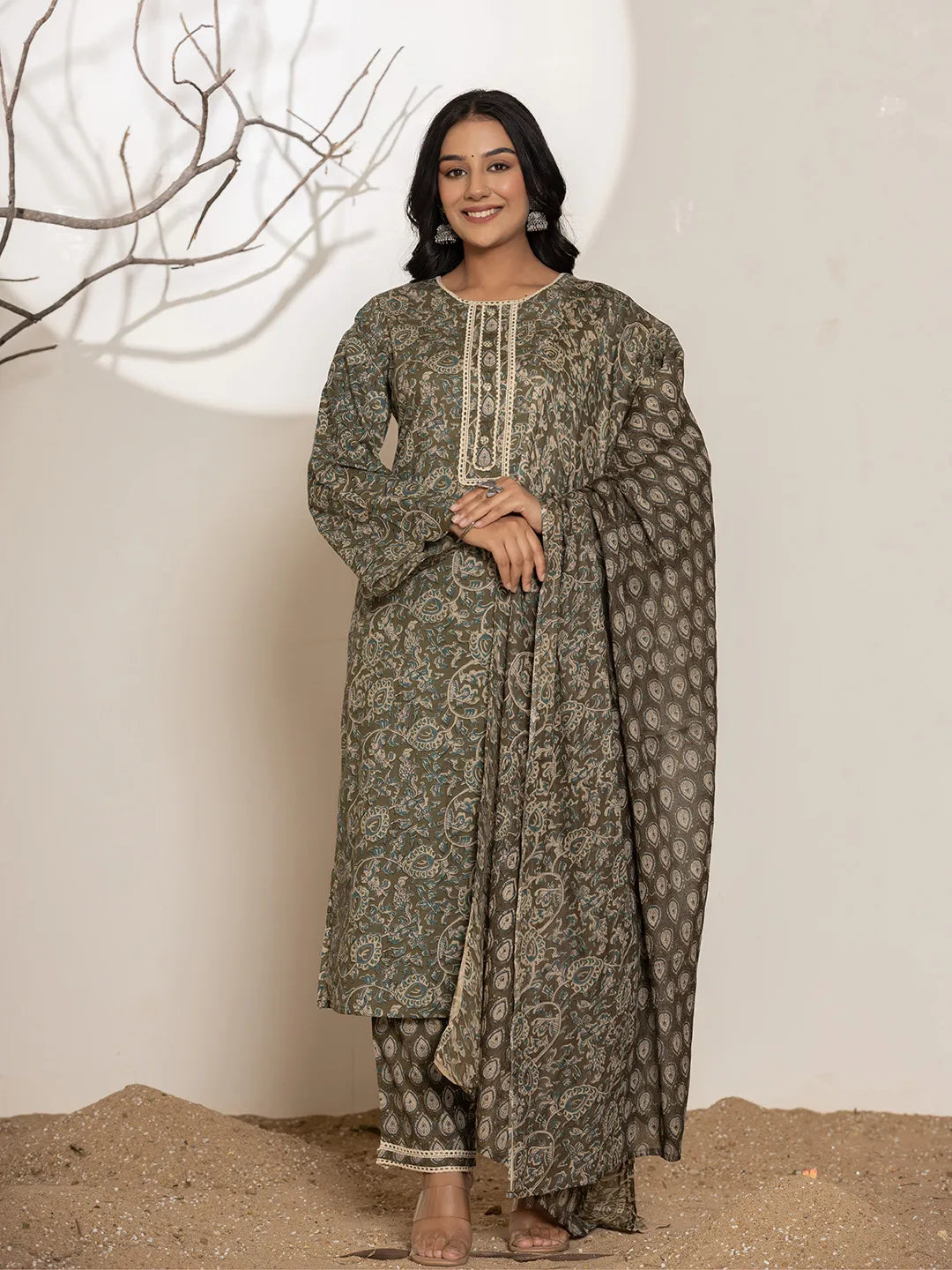 Military Green Cotton Pakistani Kurta Dupatta Set With Pant